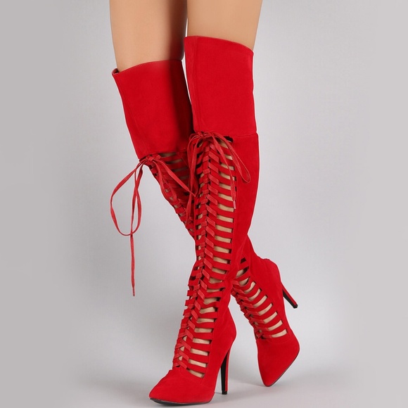 HOT🔥 Strappy Cage Lace Up Over The Knee High Boot - Picture 1 of 3